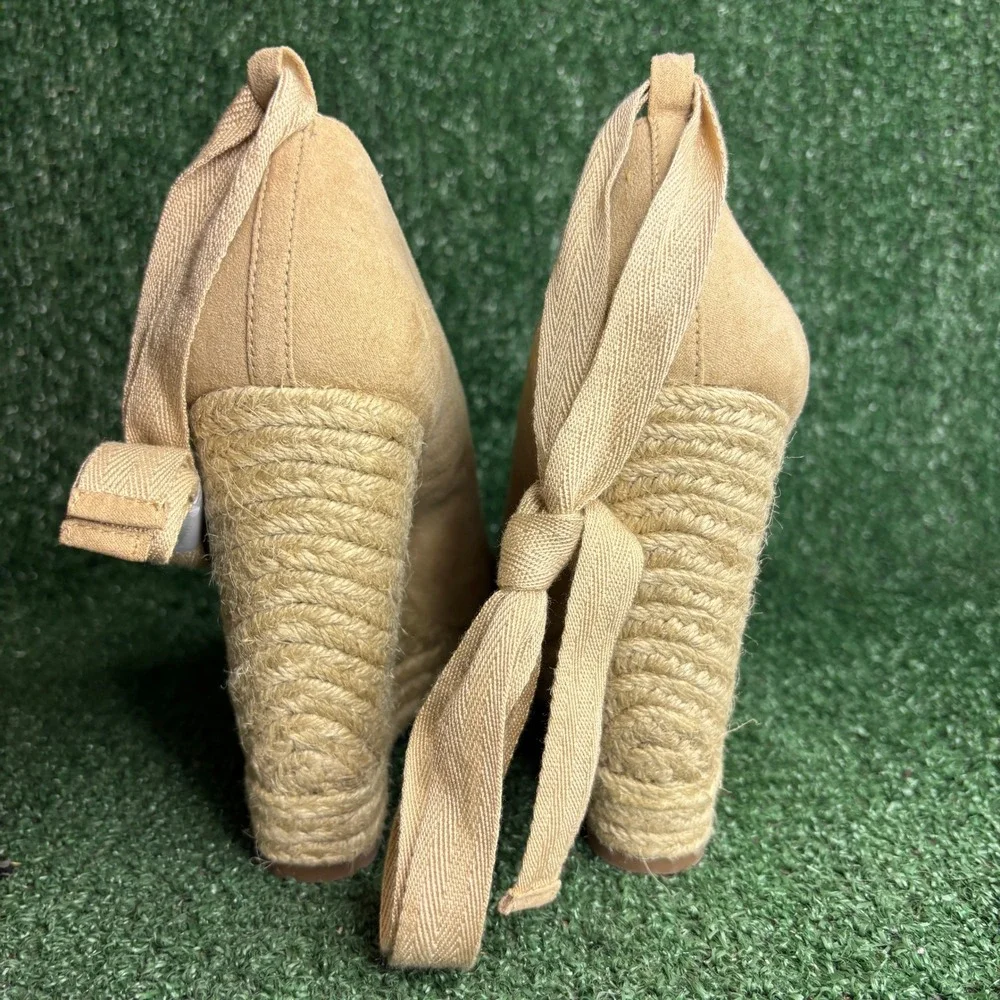 NEW Jessica Simpson Suede Ankle Tie Boho Espadrille Wedge Sandals Tan Womens 10M